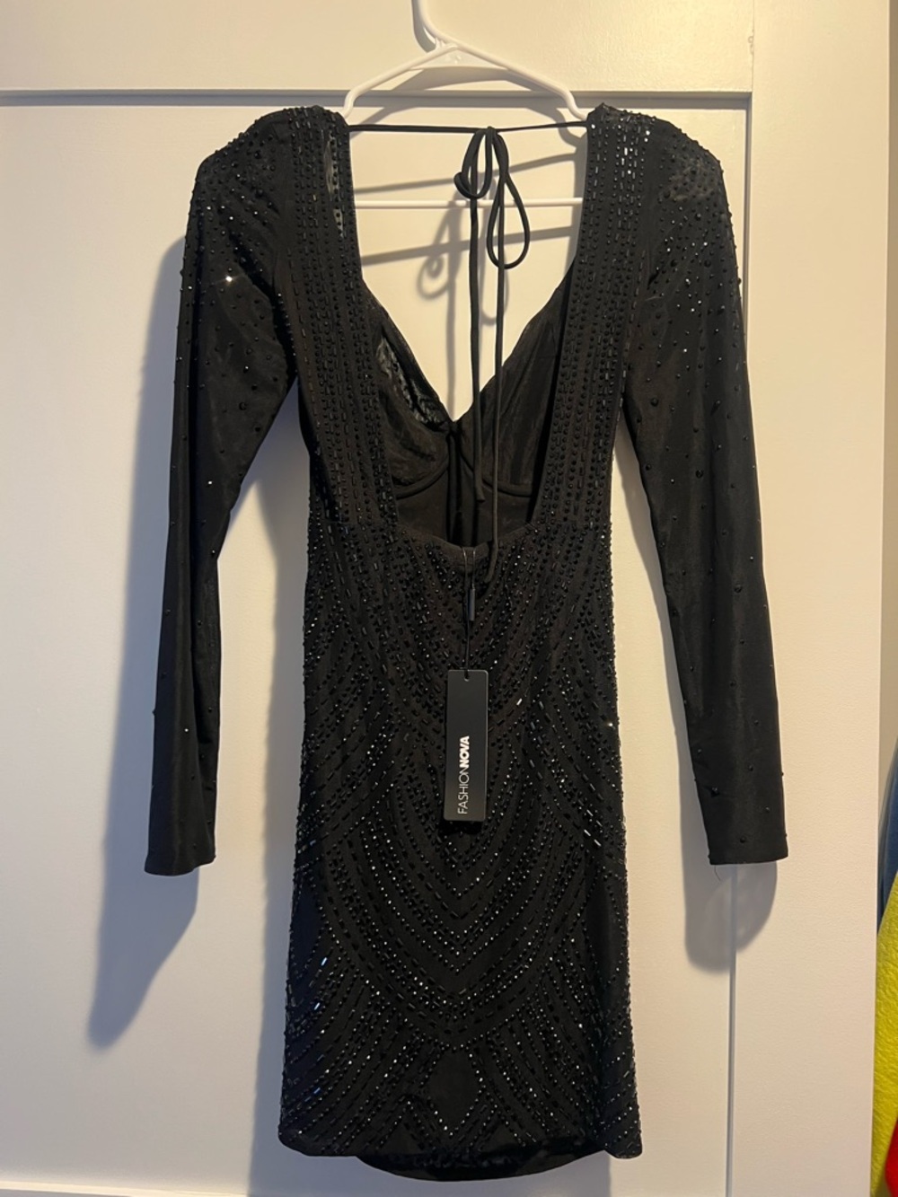 Fashion Nova Black Beaded Deep V Mini Dress - Picture 2 of 3